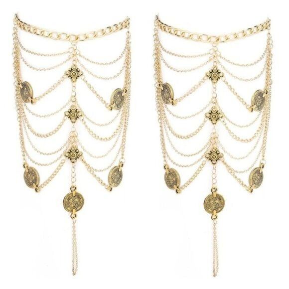 Yellow Gold Multilayered Adjustable Boho Coin Anklet Foot Chains - Set of 2 - Picture 2 of 6